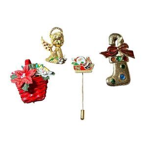 Vintage Lot Christmas Pins MYLU Cherub, Avon Christmas Basket, Stick Pin Plus